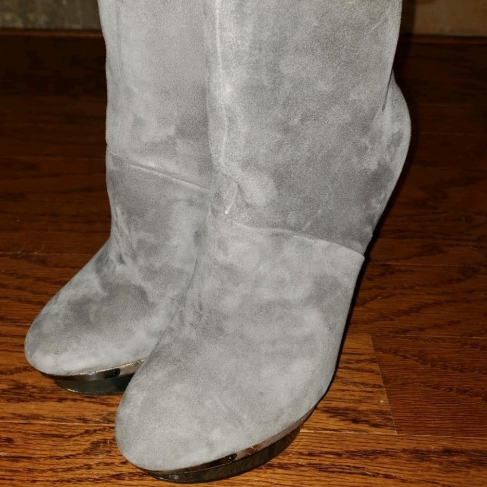 Brian Atwood Mid Calf Grey Suede Platform Booties